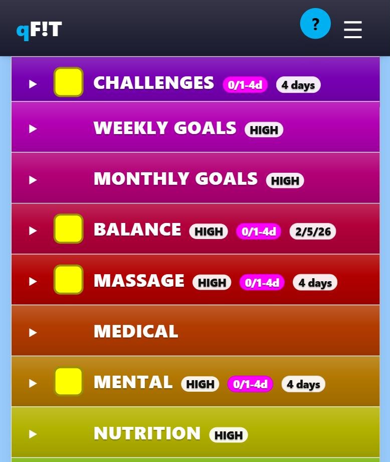 Checklist screen on a phone. Eight colour-coded category rows fill the screen &mdash; Challenges, Weekly Goals, Monthly Goals, Balance, Massage, Medical, Mental and Nutrition &mdash; and each row carries a large tick box, a HIGH priority tag, and a magenta chip such as "0/1-4d" marking a goal that has not been met yet.